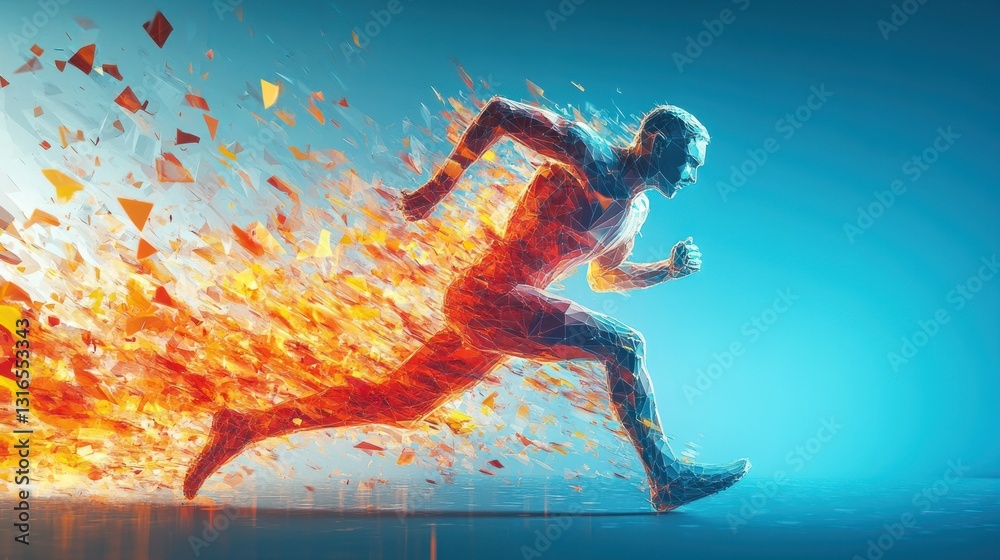 Naklejka premium Abstract runner bursts through fiery geometric shapes