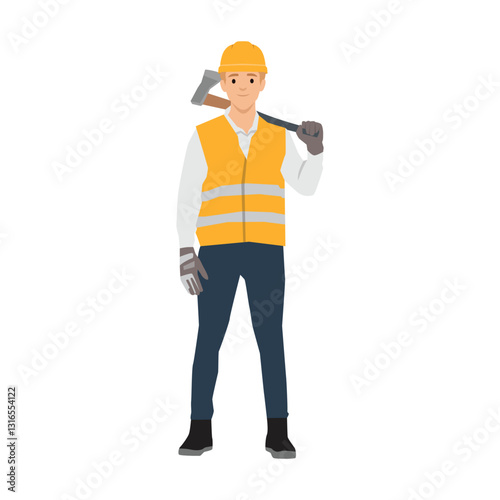 Construction worker holds an axe over his shoulder while dressed in protective gloves and boots. Flat vector illustration isolated on white background
