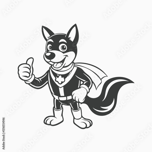 dog characters, one standing in superhero cape, little rottweiler dog cartoon giving thumb up. minimalist head logo, Icon, element. silhouette Vector illustration