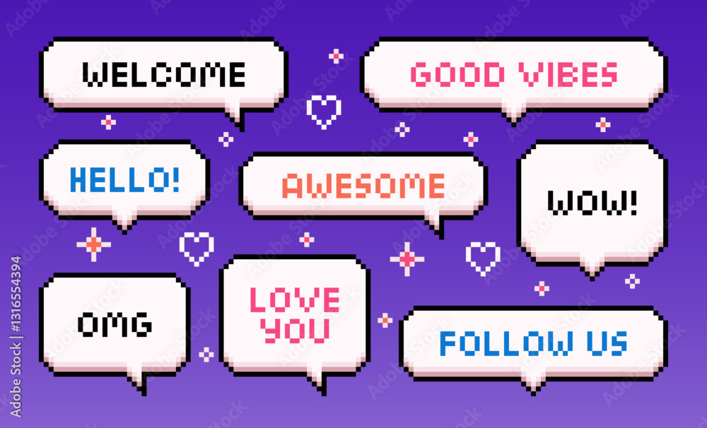 Collection of pixel speech bubbles with positive messages. Welcome, hello, good vibes, awesome. Vector illustration