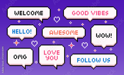 Collection of pixel speech bubbles with positive messages. Welcome, hello, good vibes, awesome. Vector illustration
