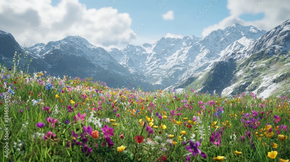 Fototapeta premium Vibrant wildflowers bloom in a mountain meadow, snow-capped peaks in the background under a bright, partly cloudy sky.