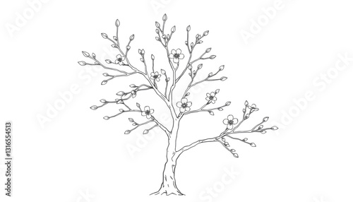 Blossoming tree with branches and buds in an outline for coloring and copy space
