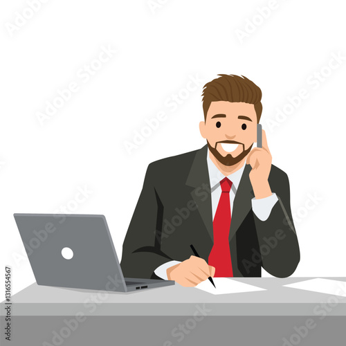 Businessman in a suit and red tie is multitasking at his desk, talking on the phone while taking notes. Flat vector illustration isolated on white background