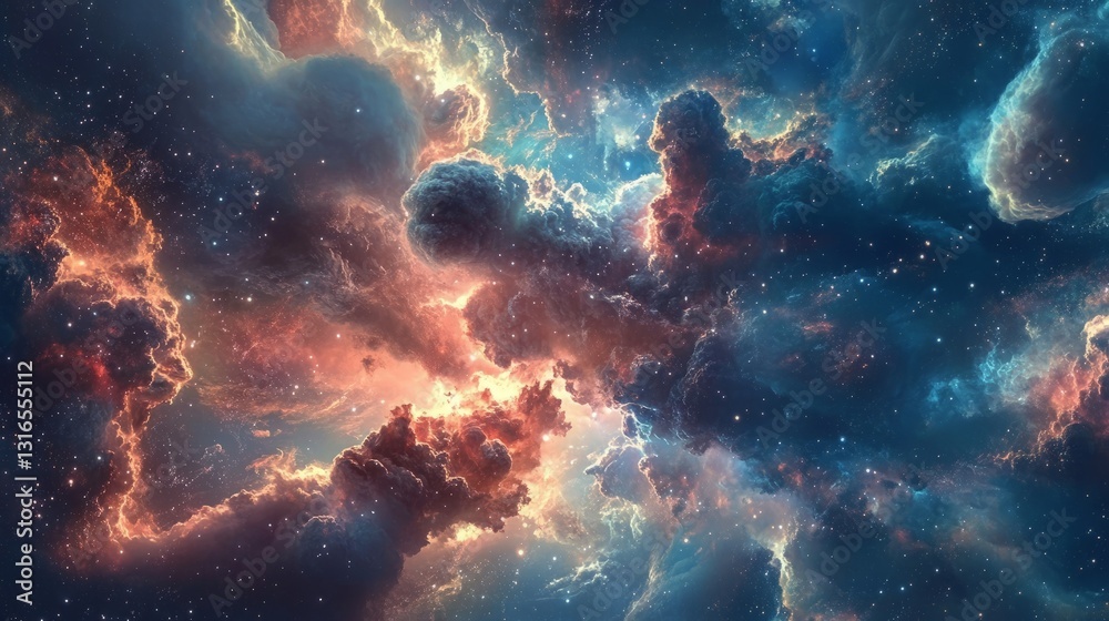 Vivid Colorful Nebula in Space Displaying Bright Blue, Orange, and Red Clouds Illuminated from Within, Surrounded by Distant Stars and Celestial Beauty. Vivid Colorful Nebula in Space Displaying Bright Blue, Orange, and Red Clouds Illuminated from Within, Surrounded by Distant Stars and Celestial Beauty.