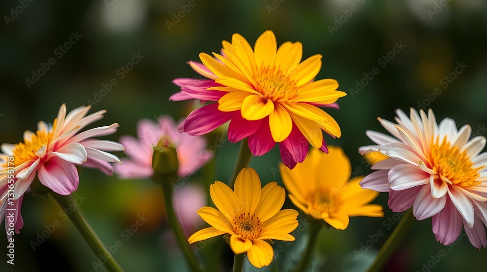 Fototapeta premium Vibrant Daisy Delight: An exquisite collection of colorful daisies blooms in a delicate display of nature's artistry.