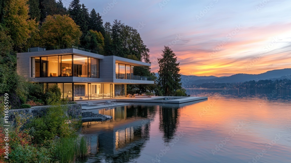 Obraz premium Modern lake house at sunset, reflecting in calm water.