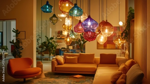 Colorful pendant lights illuminate a modern living room display photo