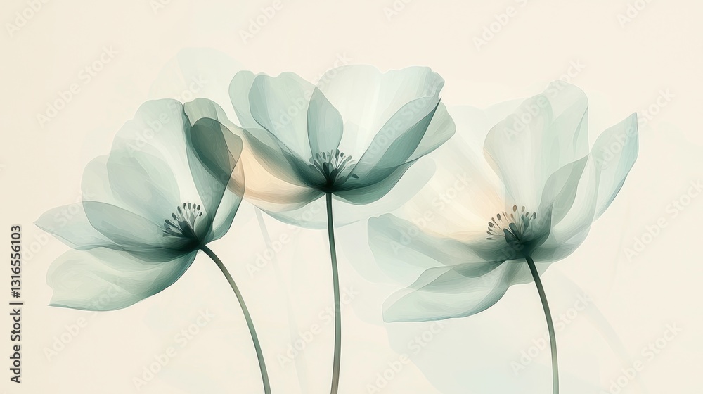Obraz premium Three soft pastel-colored flowers with gentle petals are gracefully swaying in a tranquil garden, illuminated by the soft light of early morning. The atmosphere is serene and peaceful.