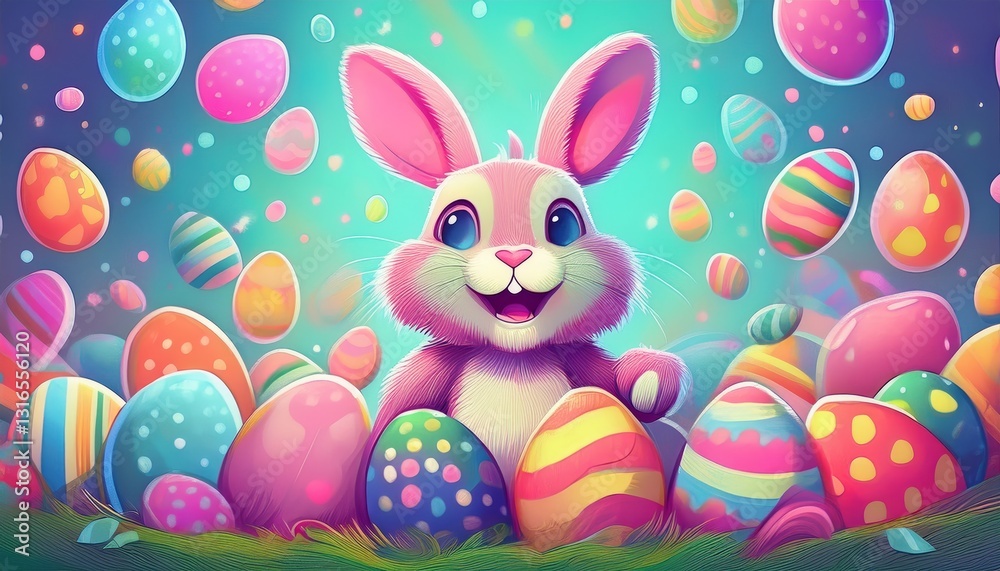 Happy Easter Bunny with many colorful easter eggs around