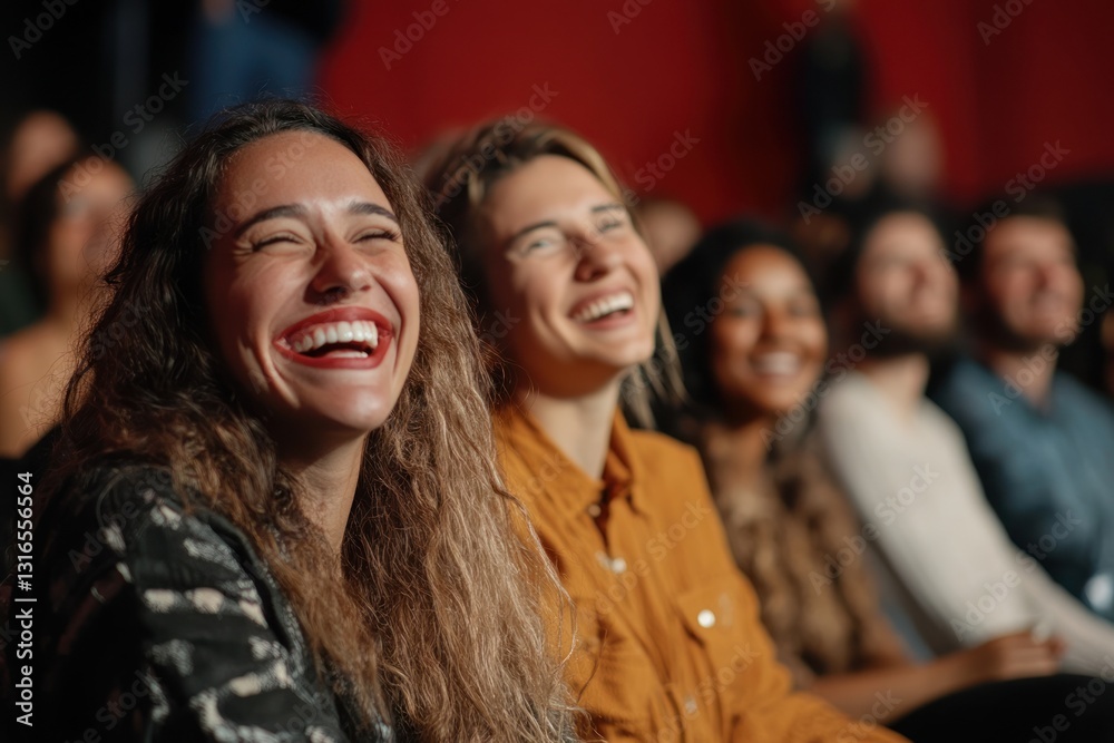 Obraz premium Group of joyful friends laughing together at a live performance event