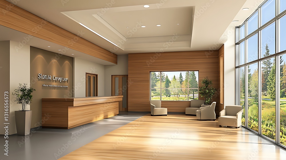 Modern Lobby Interior Design: 3D Render of a Tranquil Reception Area with Natural Light AI Generated Modern Lobby Interior Design: 3D Render of a Tranquil Reception Area with Natural Light AI Generated