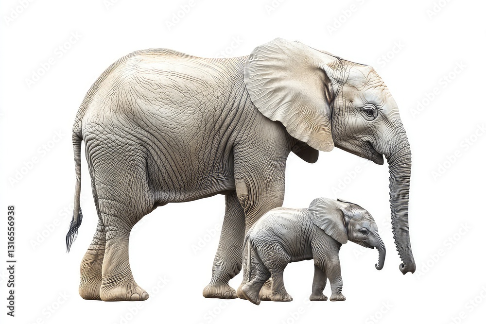 Fototapeta premium A newborn baby elephant standing beside an invisible mother, cut out.