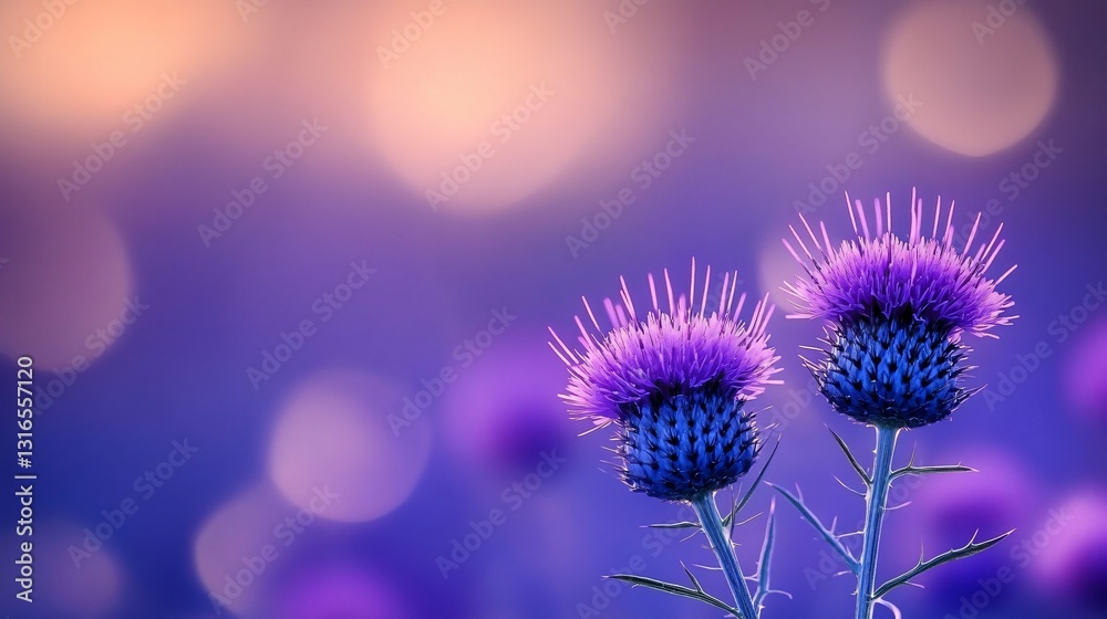 Stunning macro shot of purple thistle flowers with a dreamy bokeh background, perfect for botanical art, wedding invitations, or seasonal decor. Stunning macro shot of purple thistle flowers with a dreamy bokeh background, perfect for botanical art, wedding invitations, or seasonal decor.