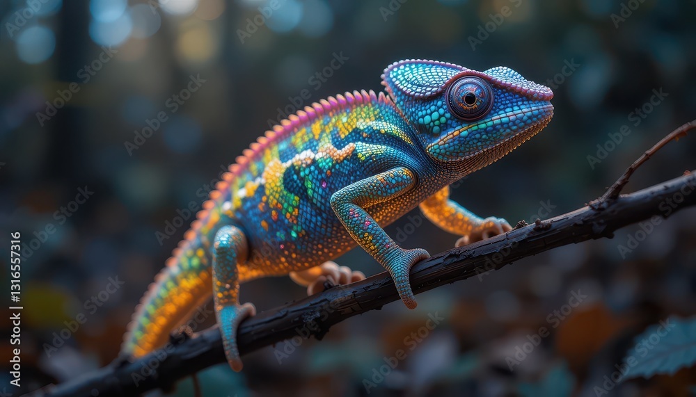 Fototapeta premium Vibrant Chameleon on Branch in Forest Habitat Closeup Reptile Wildlife