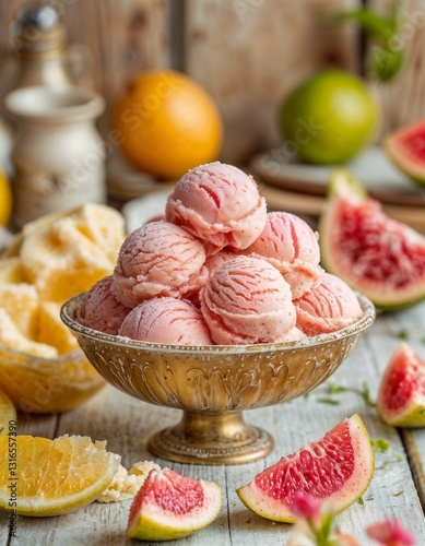 Delicious pink ice cream scoops in vintage bowl with citrus fruits and fresh herbs