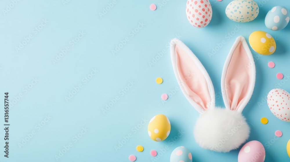 Obraz premium Easter bunny ears and colorful eggs creating festive atmosphere on blue background