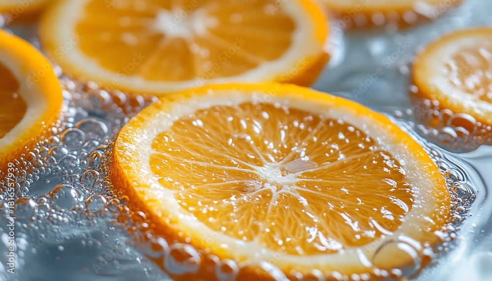Slices of oranges floating in water with bubbles. Slices of oranges floating in water with bubbles.