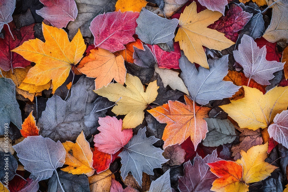 A nostalgic autumn scene where frost highlights the vibrant tapestry of falling leaves. A nostalgic autumn scene where frost highlights the vibrant tapestry of falling leaves.