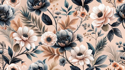 A Delicate Tapestry of Exquisite Blooms in Earthy Hues, Featuring a Seamless Pattern of Elegant Flowers and Lush Foliage, Perfect for Textile Design or Artistic Inspiration