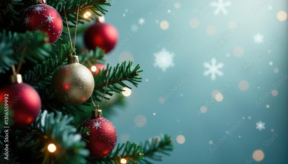Snowflakes gently falling on a decorated Christmas tree, soft, fall, decorations Snowflakes gently falling on a decorated Christmas tree, soft, fall, decorations