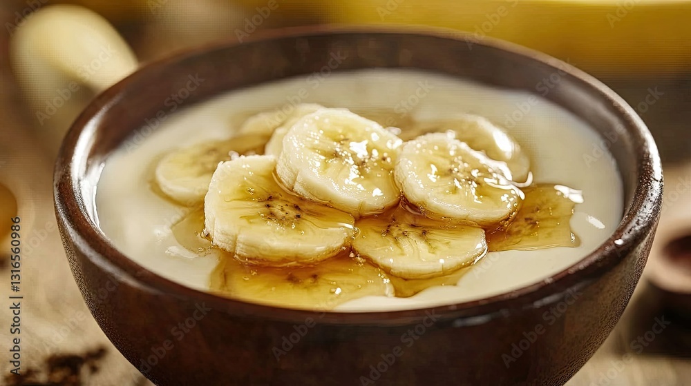 A bowl of yogurt with banana slices and a drizzle of honey. A bowl of yogurt with banana slices and a drizzle of honey.