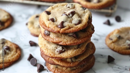 Freshly baked homemade chocolate chip cookies stacked on a marble surface with scattered chocolate chips around them creating a mouthwatering indulgent and comforting dessert scene