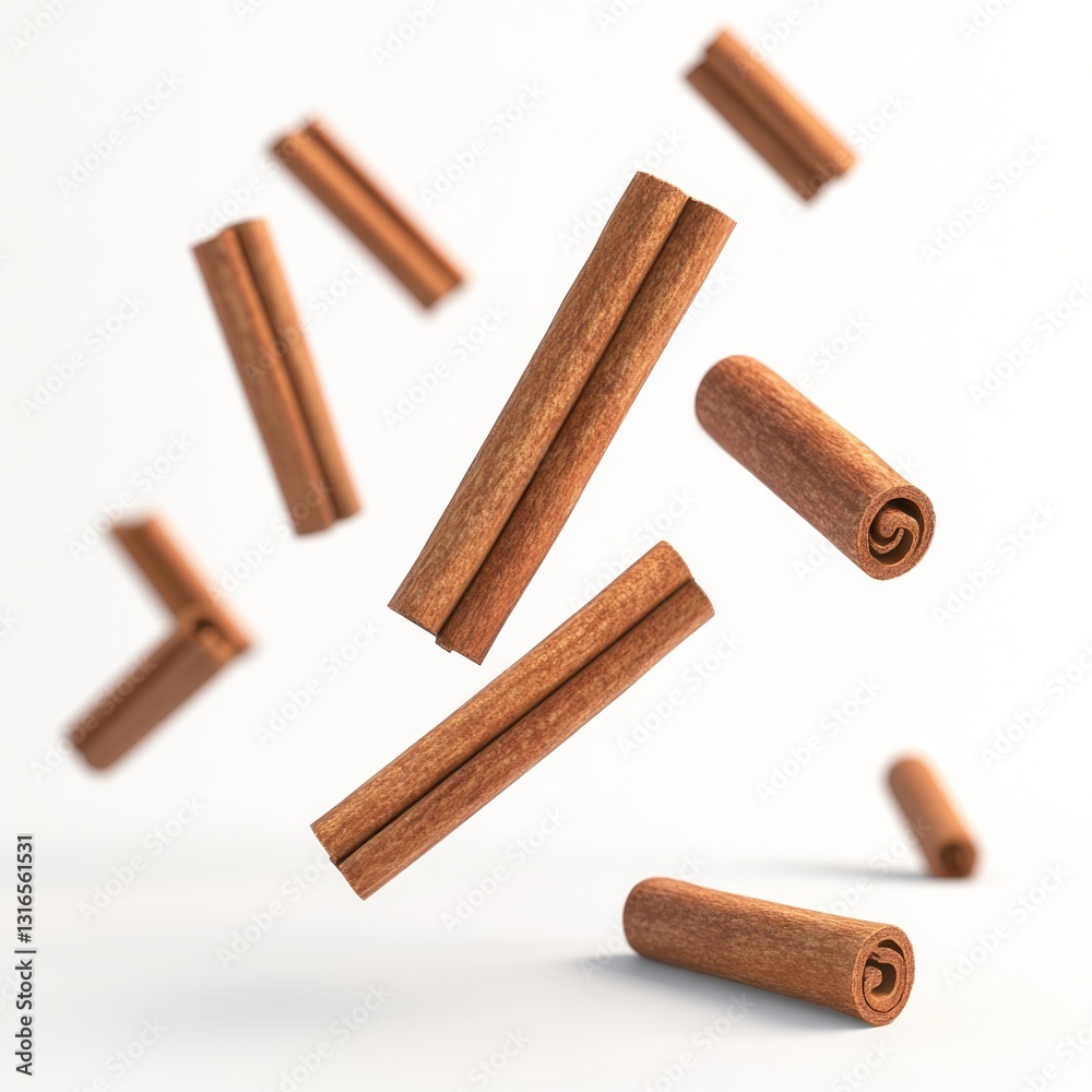 Cinnamon sticks falling in mid-air, showcasing their natural texture and color Cinnamon sticks falling in mid-air, showcasing their natural texture and color