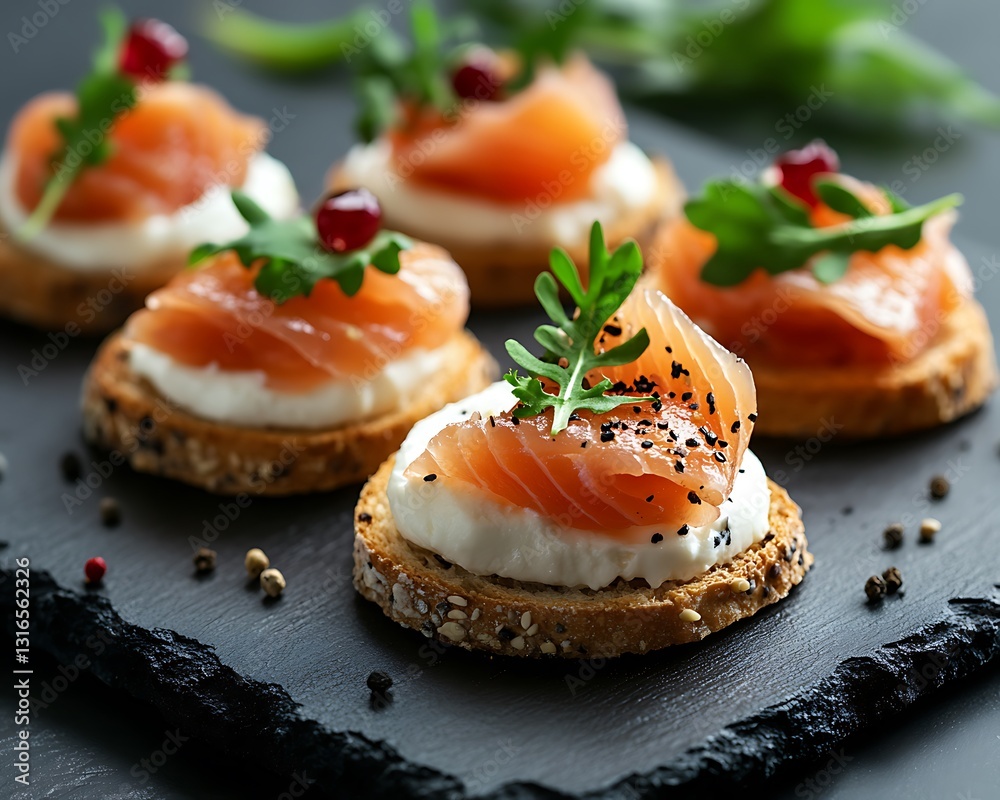 Smoked salmon canap?s with cream cheese and arugula. Smoked salmon canap?s with cream cheese and arugula.