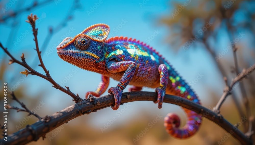 Fototapeta premium Vibrant Chameleon on Branch in Vivid Nature Setting Beautiful Reptile Closeup