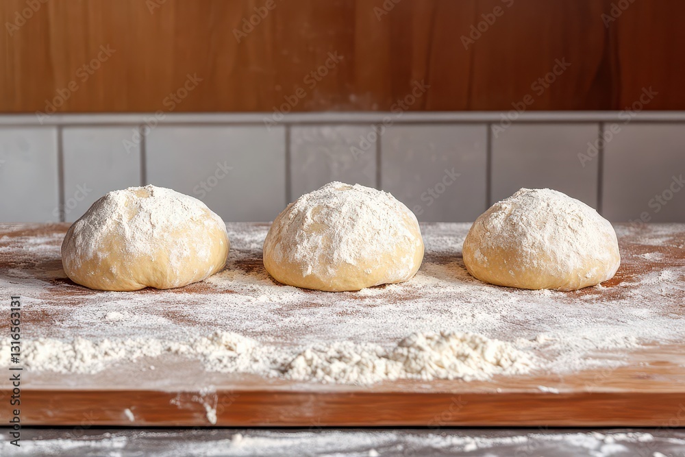 Three round dough balls dusted with flour on a wooden surface in a rustic kitchen setting Three round dough balls dusted with flour on a wooden surface in a rustic kitchen setting