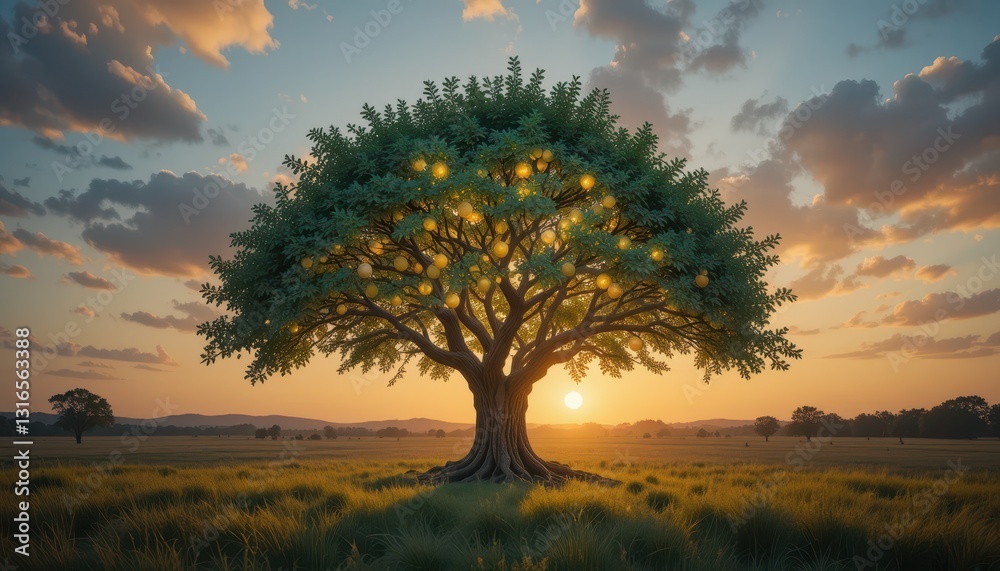 Majestic Tree of Golden Fruits at Sunset in a Serene Meadow Landscape Majestic Tree of Golden Fruits at Sunset in a Serene Meadow Landscape