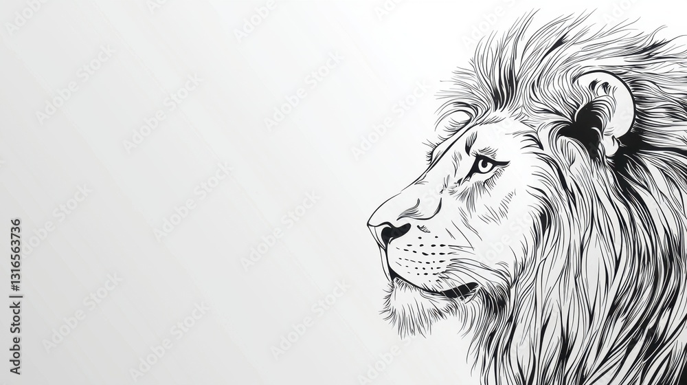 Obraz premium A beautifully detailed illustration of a lions head in black and white. The artwork highlights the animal's majestic features and powerful expression, emphasizing its grace.