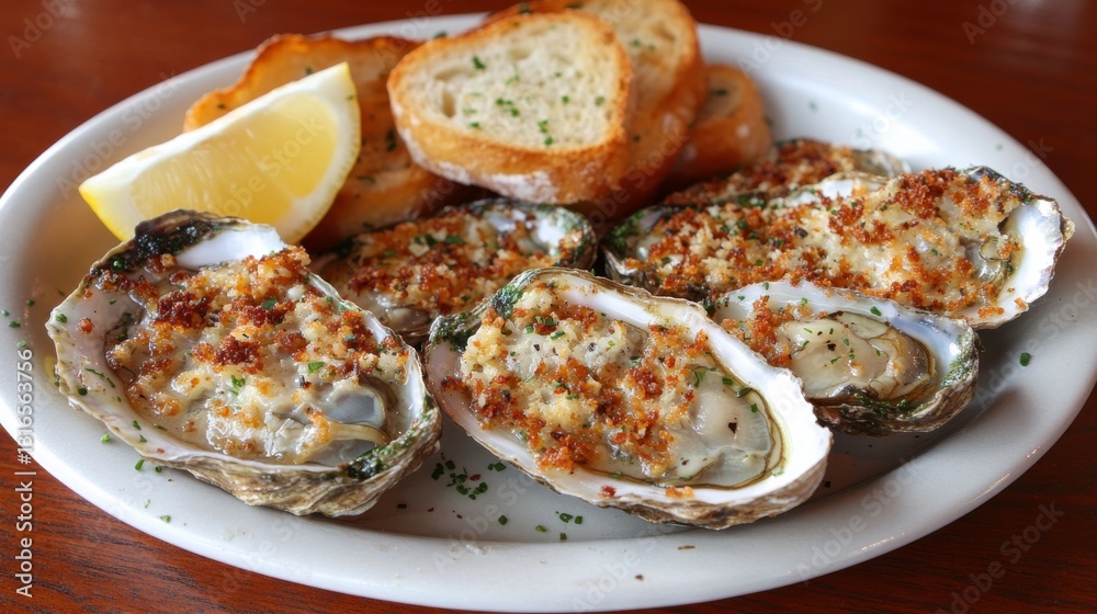 Delicious Baked Oysters with Garlic Bread and Lemon Delicious Baked Oysters with Garlic Bread and Lemon