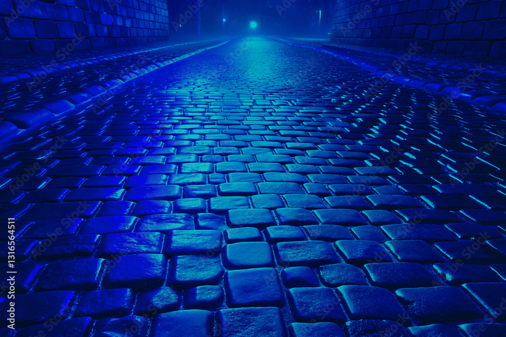 Night blue street with cobblestone pavement