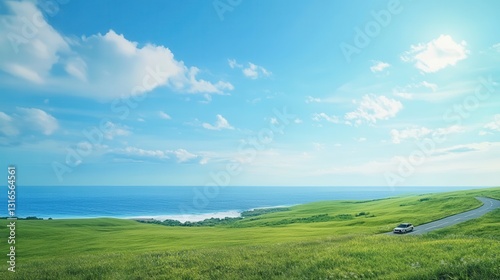 a coastal countryside road journey, a small car traveling through rolling green fields, the ocean stretching endlessly under a bright blue sky