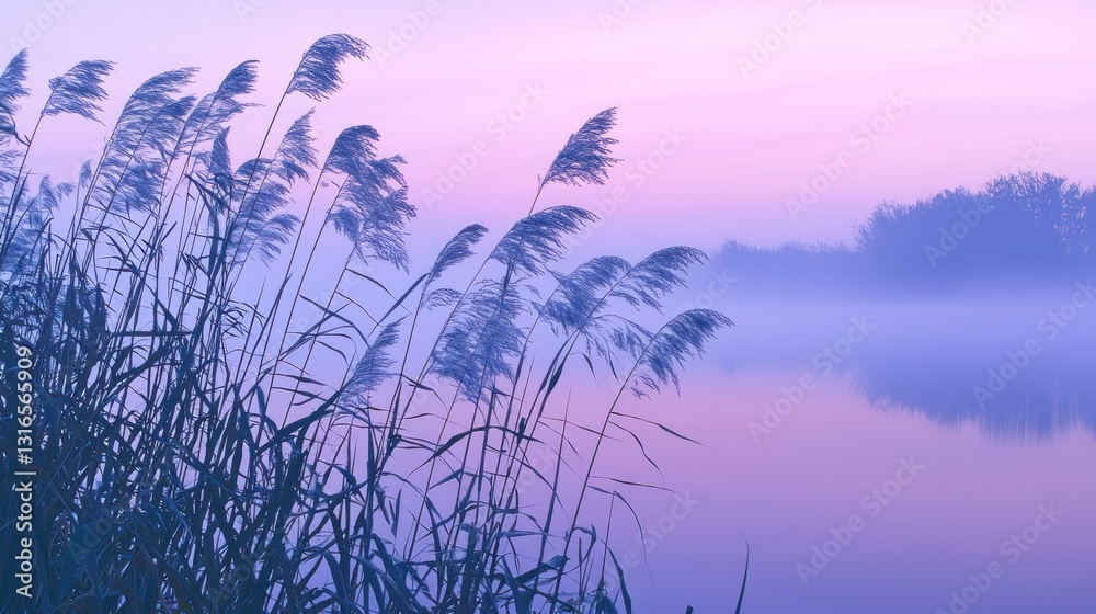 Obraz premium Misty dawn over calm lake, reeds swaying gently.