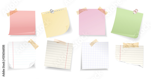 Blank sticky notes and torn notepaper set in various colors and styles, secured with adhesive tape and push pins. Includes lined, grid, and plain paper sheets for memo or reminder concepts.Vector