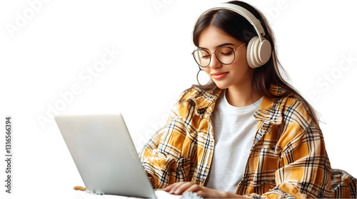 Woman Uses Laptop with Headphones, Isolated