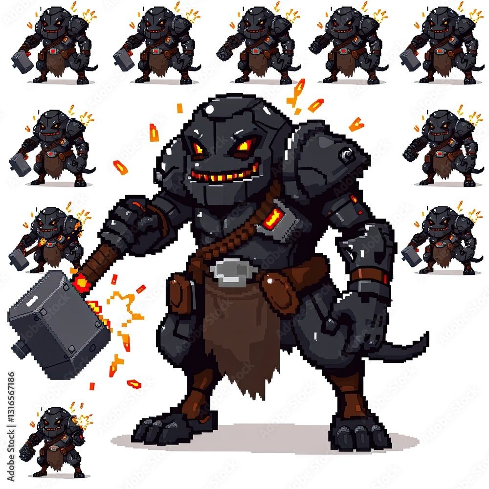 A pixelated creature with a big hammer is preparing to strike A pixelated creature with a big hammer is preparing to strike