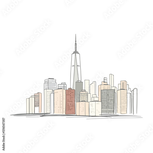 A minimalist New York City metropolis drawing, executed as a sketch using a smooth gradient transition, seamless color blending, and a muted color palette