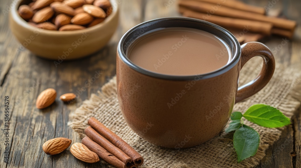 Fototapeta premium A rustic setting with warm cocoa, almonds, and a sprig of cinnamon.