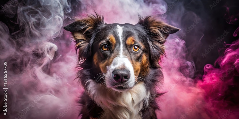 Fototapeta premium A Majestic Tricolor Border Collie Dog Portrait Amidst a Whimsical Cloud of Pink and White Smoke, a Study in Canine Elegance and Mysterious Beauty