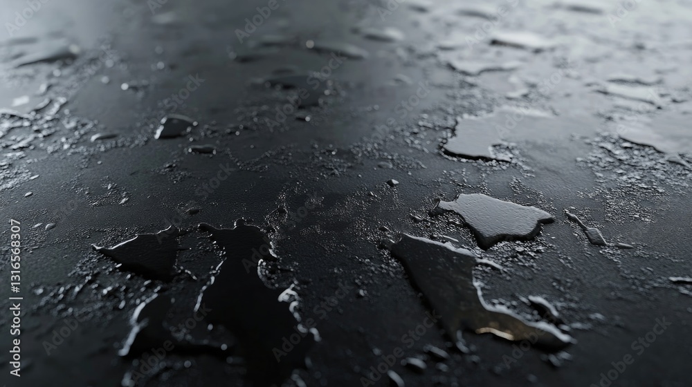 Water droplets and surface texture create a dark and moody scene