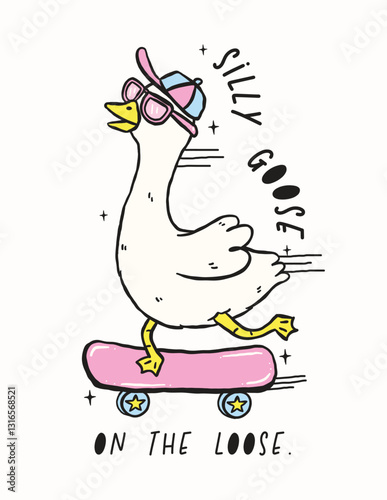 Cute Silly Goose on the Loose ride Skateboard Retro Cartoon Hand Drawing Meme Design