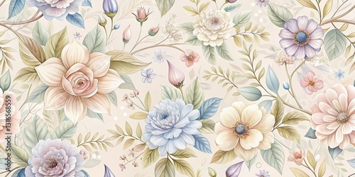 Elegant Pastel Floral Pattern Featuring Delicate Blooms and Lush Greenery, Ideal for Textile Designs and Home Decor