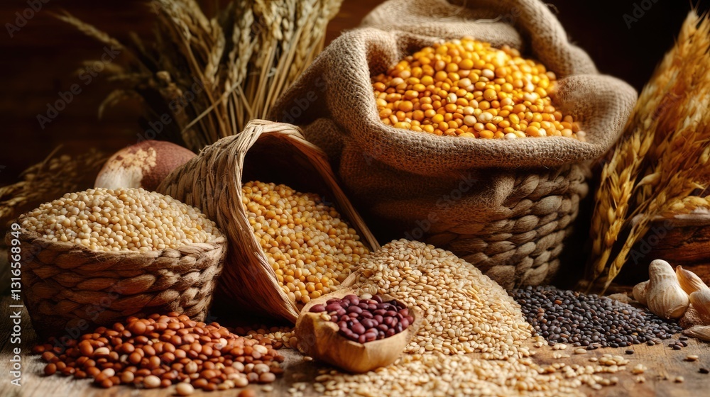 Fototapeta premium A still life of whole grains, legumes, and vitamin-rich foods.