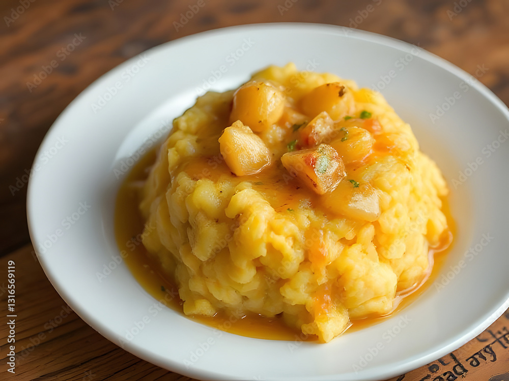 Creamy Mashed Potatoes with Scallops and Gravy on a White Plate - Delicious Food Photography Creamy Mashed Potatoes with Scallops and Gravy on a White Plate - Delicious Food Photography
