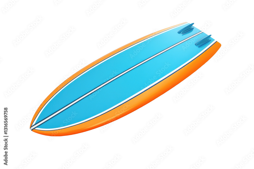 Isolated surfboard with a blue deck and orange rails on a white background in a studio shot style image Isolated surfboard with a blue deck and orange rails on a white background in a studio shot style image