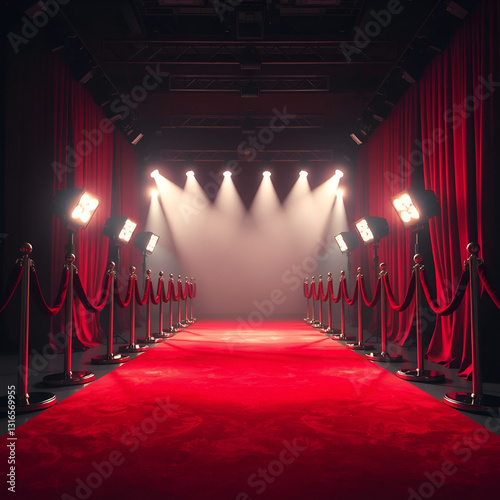 A stunning red carpet lined with velvet stanchions and illuminated by spotlights sets the stage for an upscale movie premiere entrance